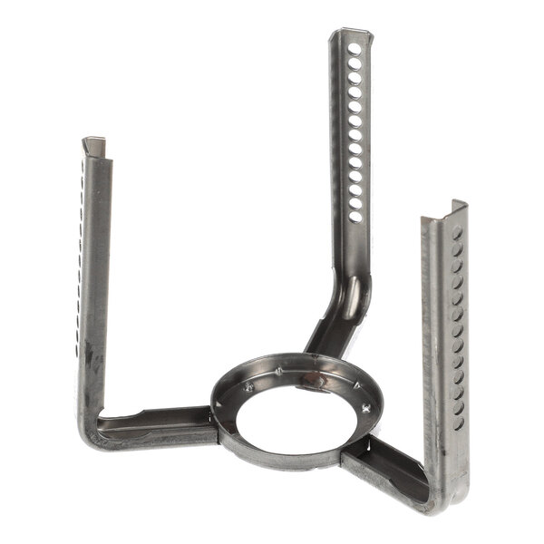 A metal bracket assembly with three upright arms featuring multiple holes and a circular base.