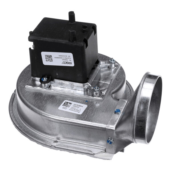 A metal and plastic blower assembly with a cylindrical outlet and attached black control box, featuring visible labels and mounting screws.