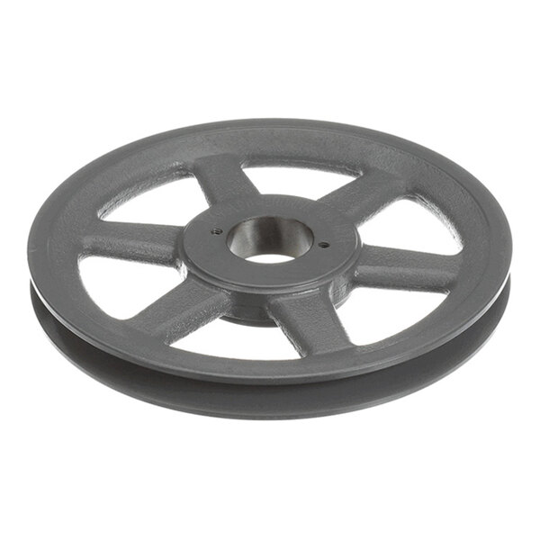 A gray metal wheel with a central hole and five spokes, featuring a grooved outer edge.