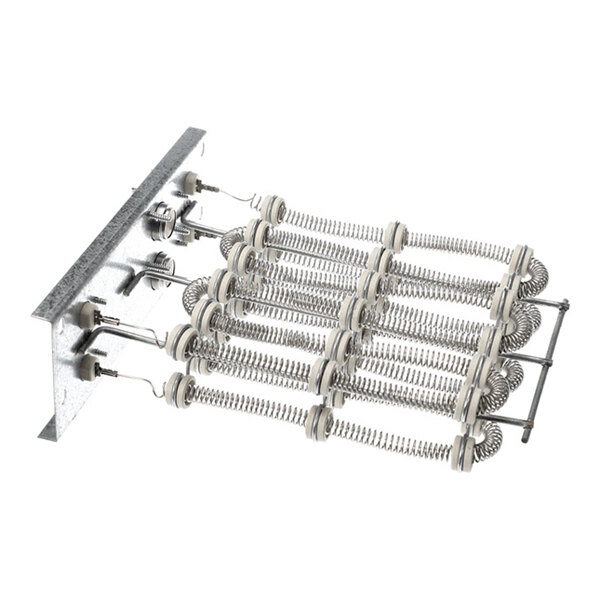 A metal mounting plate with multiple coiled wire heating elements arranged in parallel rows, supported by ceramic insulators.