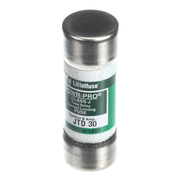 A cylindrical fuse with metal end caps and a green and white label indicating it is a Littelfuse POWR-PRO Class J time delay fuse rated at 30 amps.