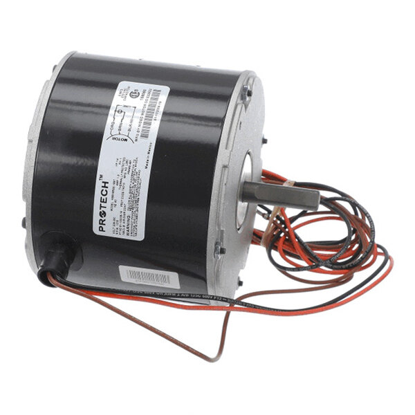A cylindrical electric motor with a black housing, visible shaft, and several attached wires.