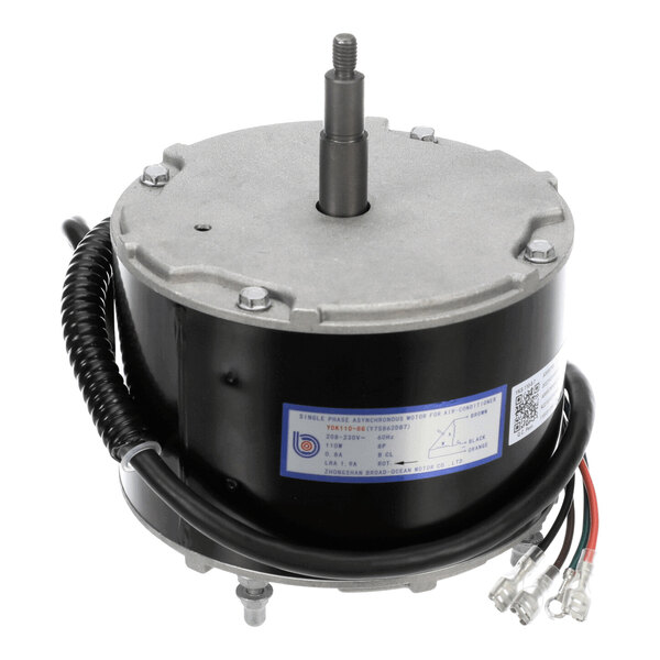 A cylindrical electric motor with a metal shaft protruding from the top, several mounting bolts, attached wires, and a label on the side.