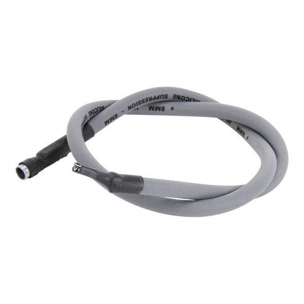 A coiled gray cable with black connectors on both ends, featuring printed text along its length.