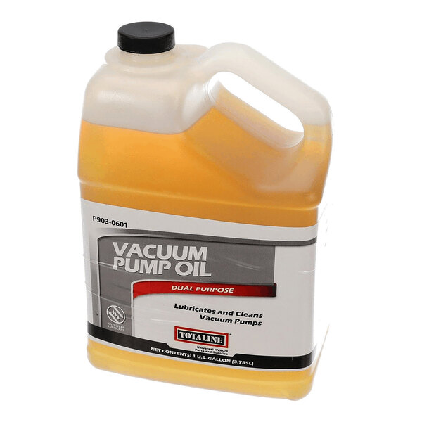 A translucent plastic gallon jug filled with yellow liquid labeled as vacuum pump oil.