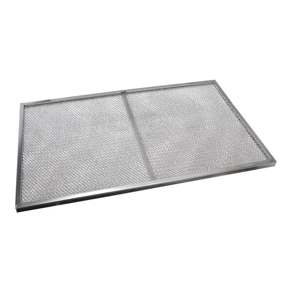 A rectangular metal mesh filter with a silver frame and a fine grid pattern.