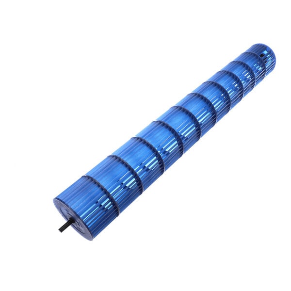 A cylindrical blue component with evenly spaced fins and a central axle, resembling a blower wheel or fan impeller.