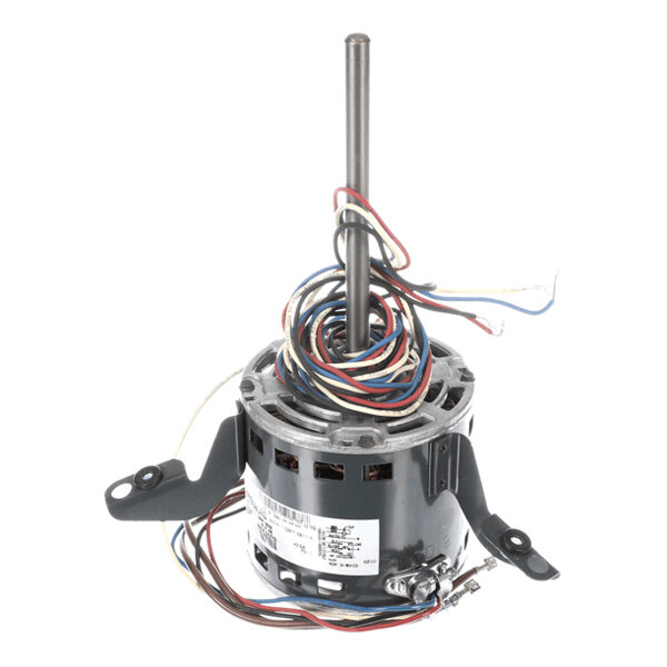 A cylindrical electric motor with a central shaft, multiple colored wires, and mounting brackets on either side.