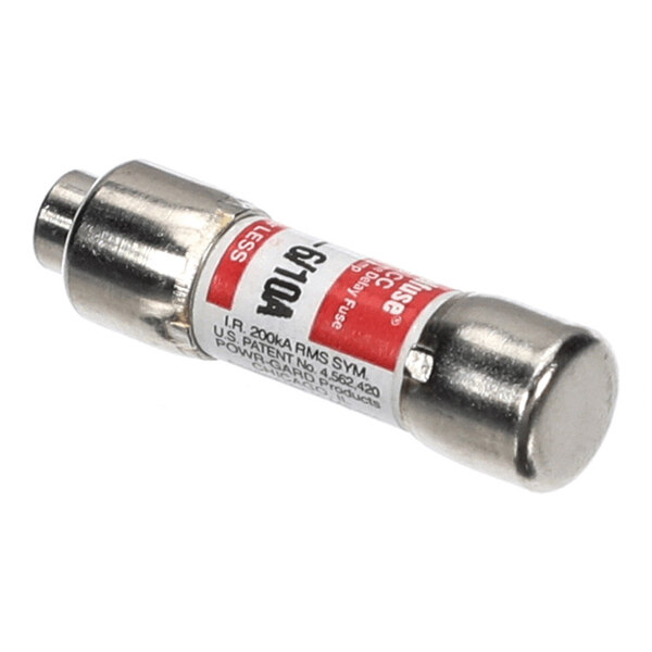 A cylindrical metal fuse with a red and white label displaying specifications.