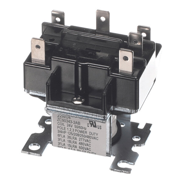 A black and metallic electrical relay with multiple metal terminals and a mounting bracket.