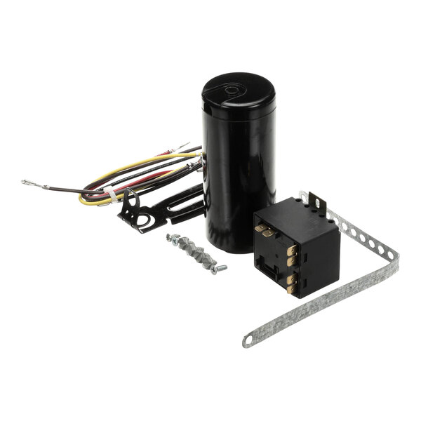 A black cylindrical component, a black electrical relay, several wires, metal brackets, and screws are arranged on a white background.