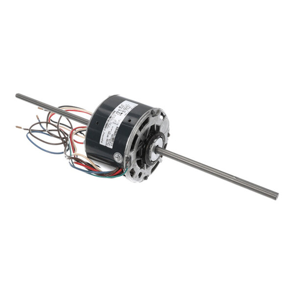 A cylindrical electric motor with a central housing, two long metal shafts extending from either side, and several colored wires protruding from one end.