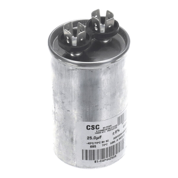 A cylindrical metal capacitor with two sets of electrical terminals on top and a label displaying technical specifications on the side.