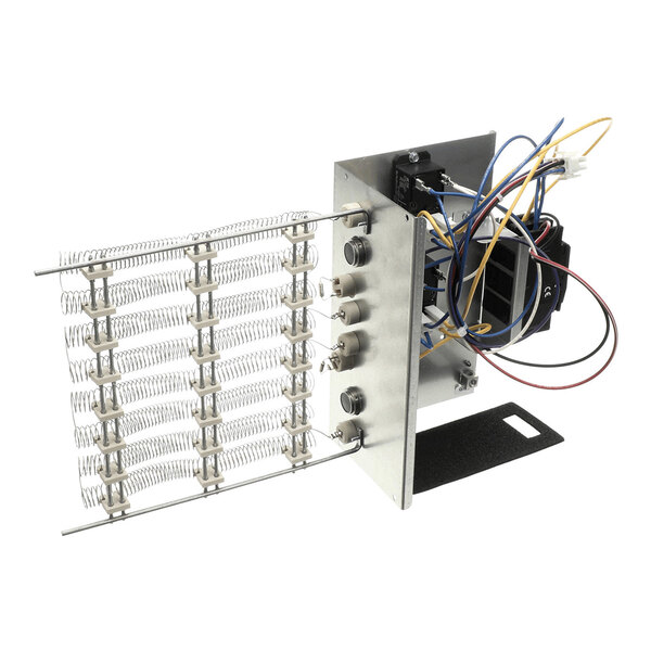 A metal assembly featuring coiled heating elements, electrical connectors, and various colored wires attached to a mounting plate.