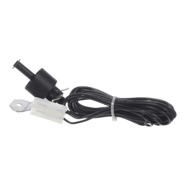 A black electrical cable with a connector and a small cylindrical component attached, likely a sensor or switch, with a metal mounting bracket.