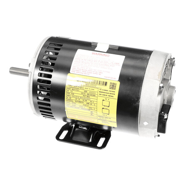 A cylindrical electric motor with a black and silver housing, visible mounting bracket, and attached specification labels.