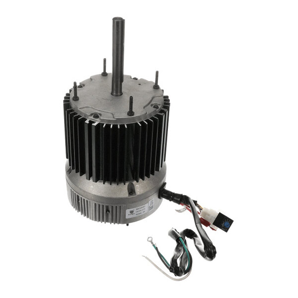 A cylindrical electric motor with a vertical shaft, cooling fins, and attached electrical wiring.