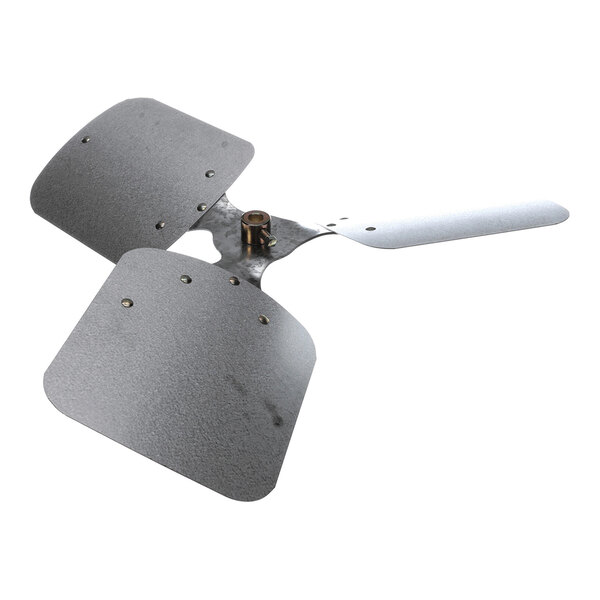 A three-blade metal fan with a central mounting hub, featuring two wide, square-edged blades and one narrower blade.