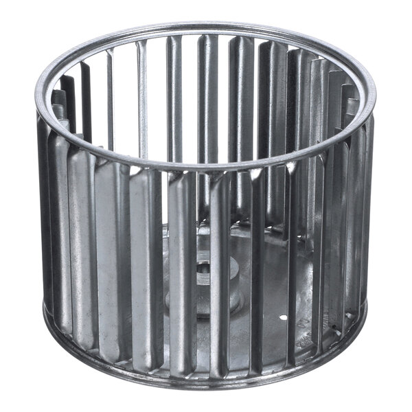 A cylindrical metal component with evenly spaced vertical blades and a central hub, resembling a blower wheel or fan wheel.