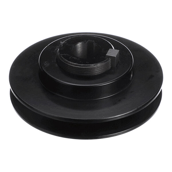 A black, circular metal pulley with a central bore and a keyway slot, viewed from an angle.