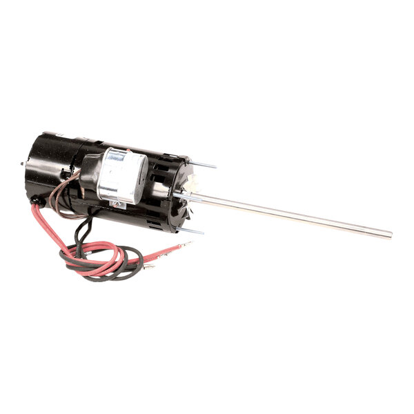 A cylindrical electric motor with attached wiring and a long metal shaft extending from one end.