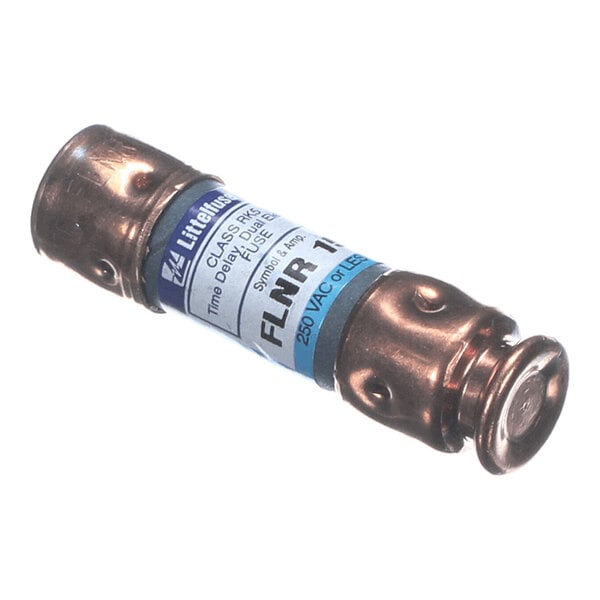 A cylindrical fuse with metallic end caps and a blue and white label wrapped around the body.