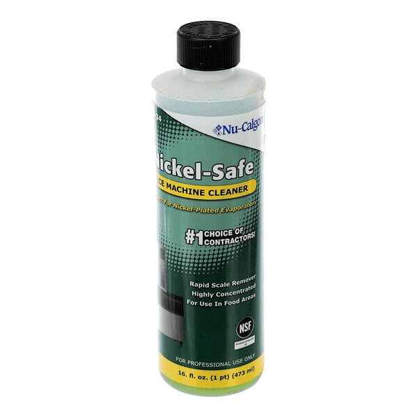 A bottle of Nu-Calgon Nickel-Safe Ice Machine Cleaner with a black cap and green label.