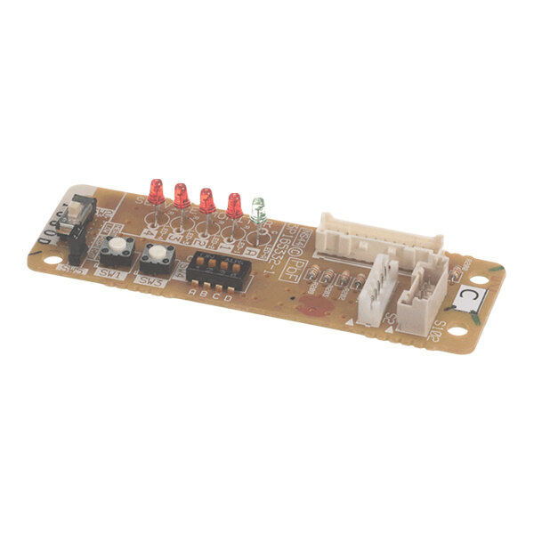 A rectangular printed circuit board featuring several red and green LEDs, push buttons, a switch, connectors, and various electronic components.