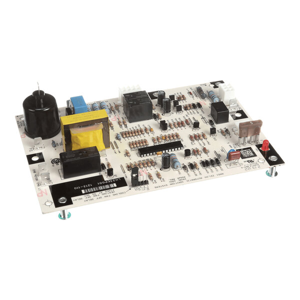 A rectangular electronic circuit board with various components including capacitors, resistors, relays, and connectors mounted on its surface.