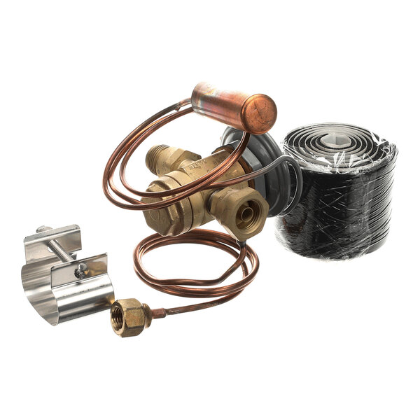 A set of metal components including a brass valve with copper tubing, a metal clamp, and a roll of black material, all arranged on a white background.