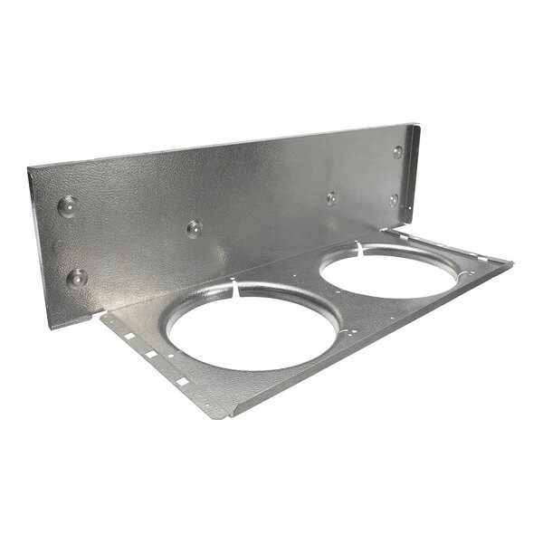A metallic panel with two large circular cutouts and a vertical backplate, likely intended for mounting or supporting two fans.
