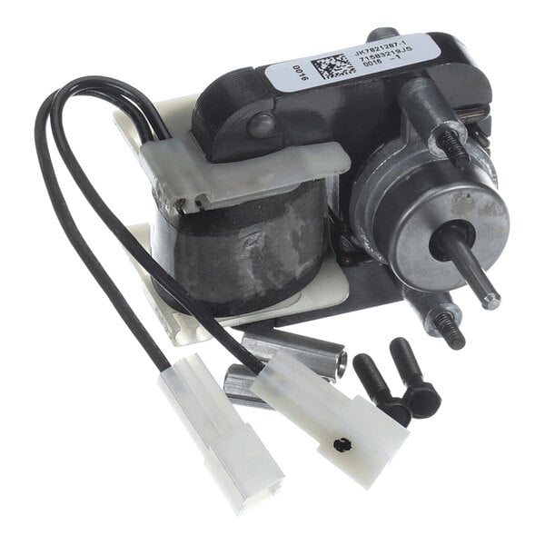 A small electric motor assembly with attached wires, connectors, and mounting hardware.