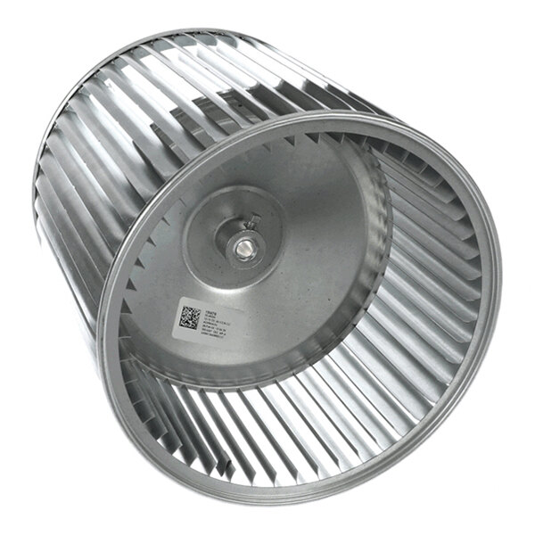 A metal cylindrical blower wheel with evenly spaced blades and a central hub, viewed at an angle.