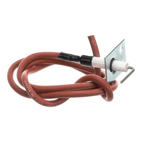 A coiled red wire attached to a metal mounting bracket with a white ceramic spark igniter and a metal rod.