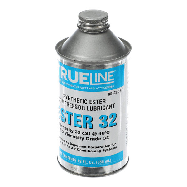 A metal canister with a screw cap labeled as synthetic ester compressor lubricant, featuring blue and white text.