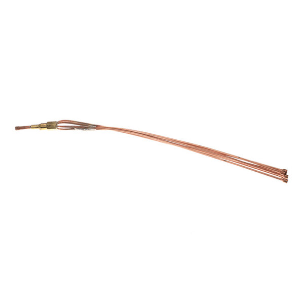 A bundle of seven thin copper tubes connected at one end with a brass fitting, laid out on a white background.