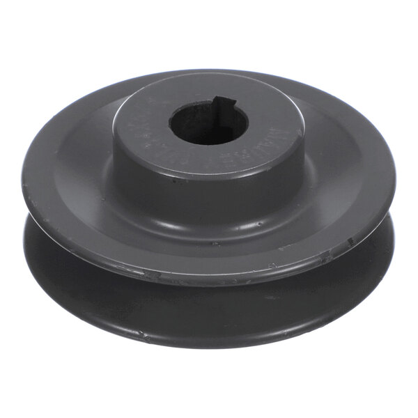 A round, dark-colored metal pulley with a central hole and a keyway slot, viewed from an angle.