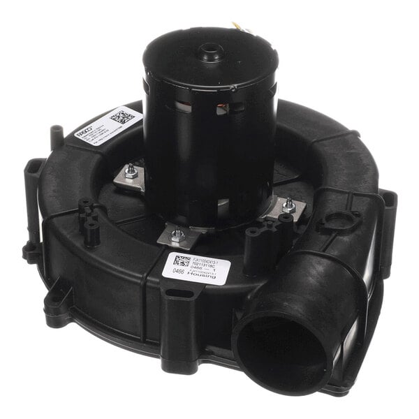 A black, cylindrical mechanical component with a round housing and attached motor, featuring several mounting points and labeled stickers.