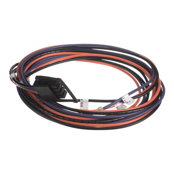 A coiled bundle of multicolored electrical wires with a black plastic connector attached.