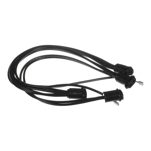 A set of black electrical wires with connectors at the ends, arranged in a loop on a white background.