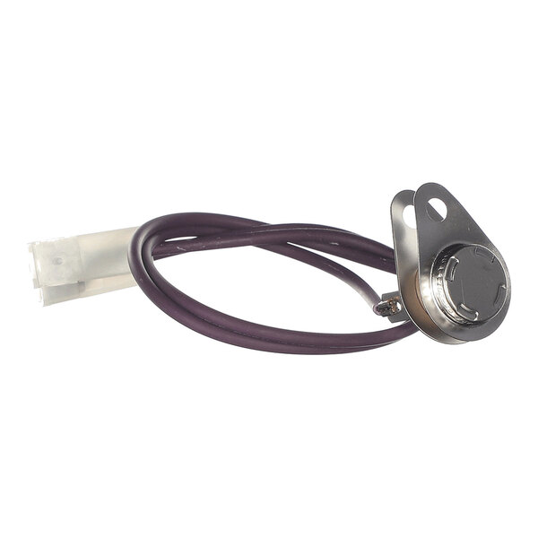 A metal disc limit switch with an attached purple wire and a white plastic connector.