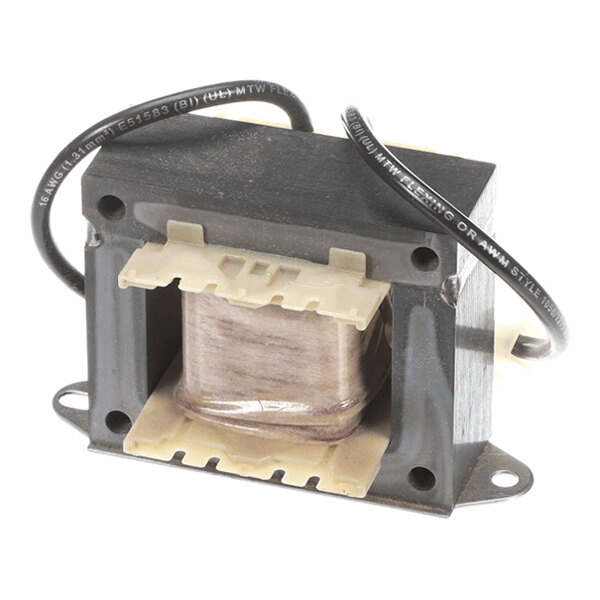 A rectangular electrical component with a metal core, wire coil, and attached black wires, likely a transformer or choke.