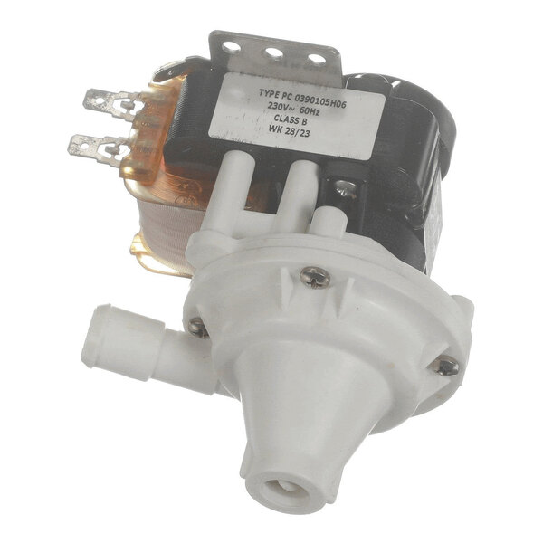 A small electric pump with a white plastic housing, metal mounting bracket, and exposed electrical terminals.