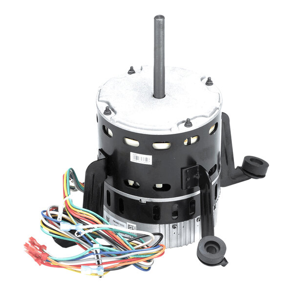 A cylindrical electric motor with a central shaft, attached mounting brackets, and a bundle of multicolored wires with connectors.