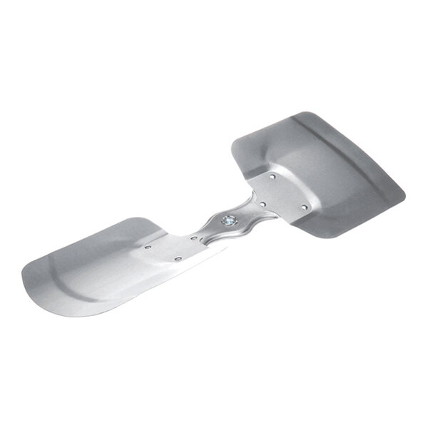 A metallic, double-bladed fan component with a central mounting point and curved edges.