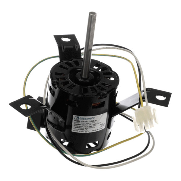 A small electric motor with a central shaft, mounting brackets, and attached wires with a white connector.