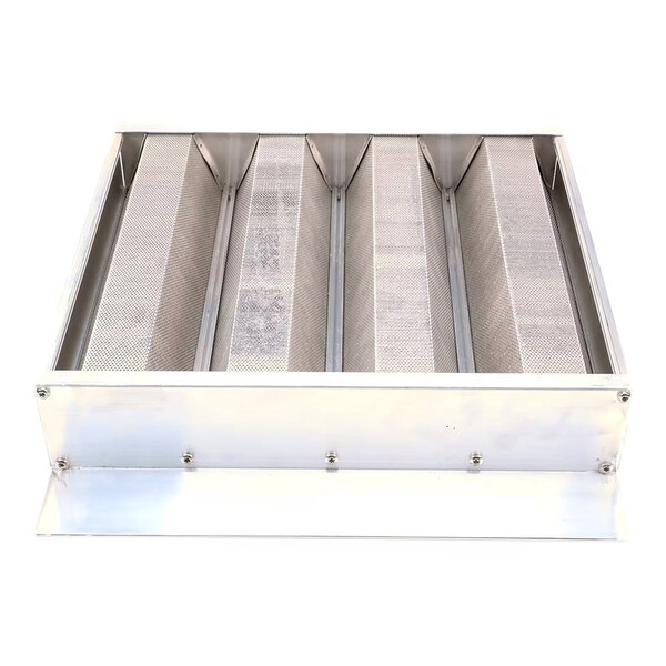 A rectangular metal object with four angled, perforated panels inside a frame, likely a filter or vent component.