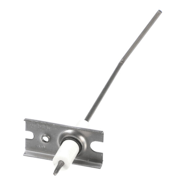 A metal rod with a ceramic insulator and a mounting bracket, resembling a flame sensor component.