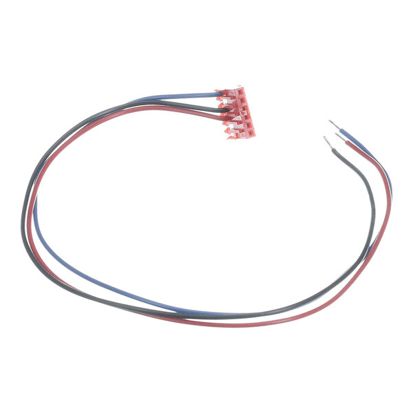 A set of three colored wires (red, black, and blue) connected to a red plastic connector on one end, with stripped wire tips on the other end.