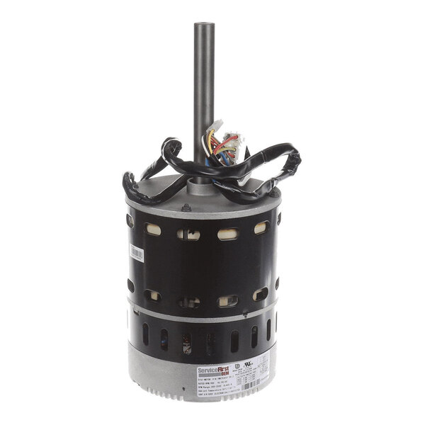A cylindrical electric motor with a black and silver housing, a central shaft extending upward, and several colored wires protruding from the top.